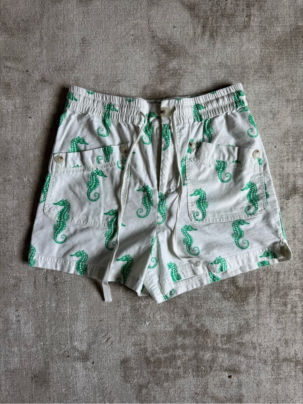 Maeve White High-Waist Shorts with Green Seahorse Print